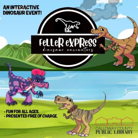 Poster featuring three dinosaur characters, grass, mountains, and water.
