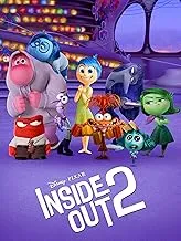 Film Poster for Inside Out 2 featuring animated characters. Prominently displayed is the films title and Disney Pixar logo.