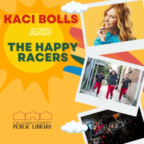 Poster featuring a bright yellow sun and photos of Kaci Bolls, and The Happy Racers.
