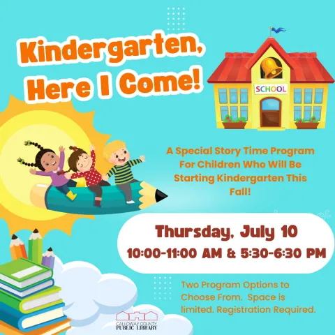 Poster with blue background, a school house, children, and books.