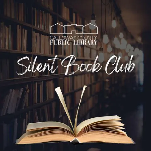 Open Book with a background of bookshelves.