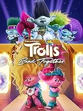 "A vibrant movie poster featuring the Trolls, with the title 'Trolls Band Together' in a playful font, and images of the main characters from the film, such as Poppy and Branch, enjoying music.
