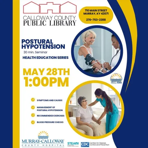 A poster showing a health care professional checking an adult woman's blood pressure.  The poster also shows a health care professional assisting a adult woman.