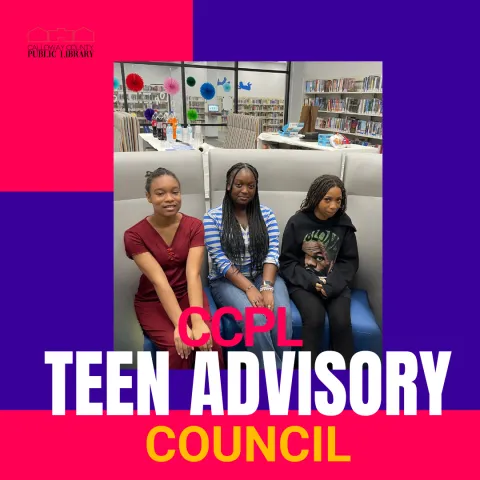 Photo of three teens.  Purple background with bright colored text.
