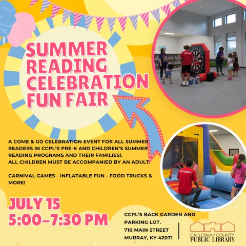 Poster featuring photos of children playing on inflatables and text information about the event.