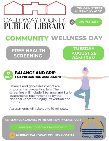 Community Wellness Day flyer featuring a woman balancing on one foot and event informational text.