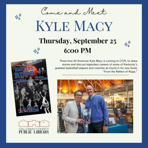 White background. Features photos of the cover of book and Kyle Macy and John Huang.
