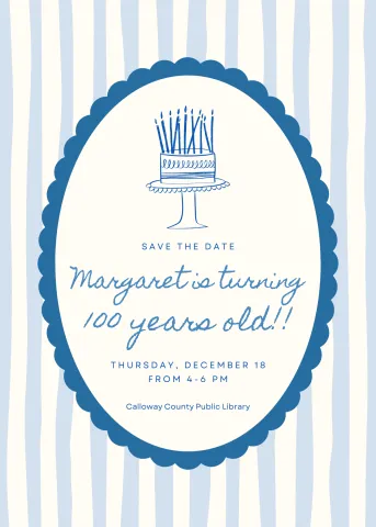 Blue and White card with blue birthday cake.