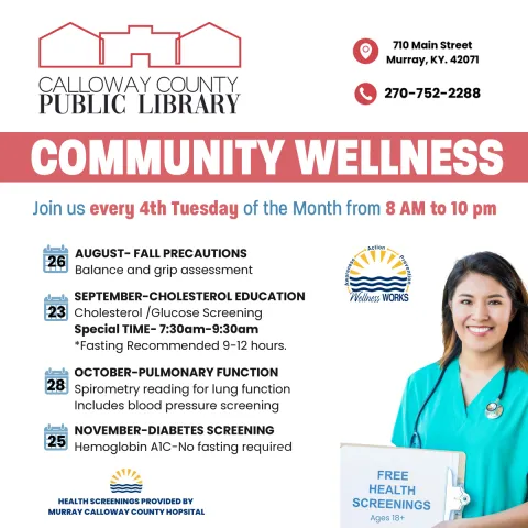 Community Wellness flier with white background, large text.  Features a health care worker in a blue scrub.