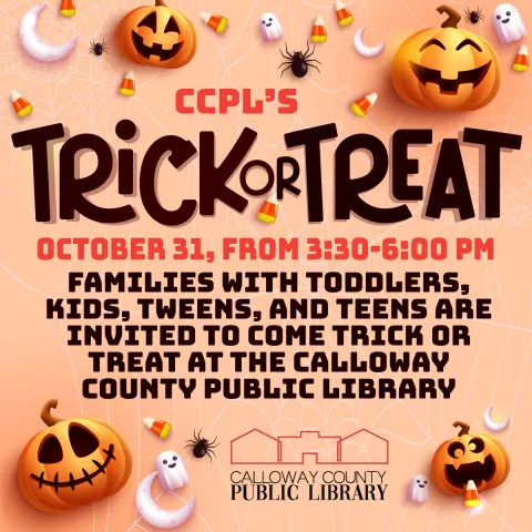 Orange background with jack-o-lanterns and candy. Large text Trick or Treat.