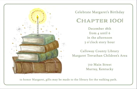 A Birthday Party Invitation with details about date and time.  Features a stack of books with a birthday candle.