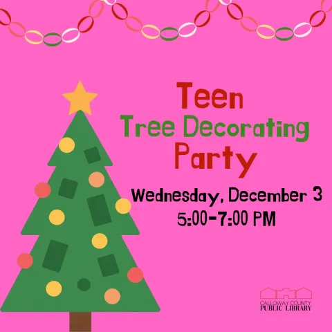 Teen Tree Decorating Party Flier with details about date and time. Pink background and green Christmas Tree.