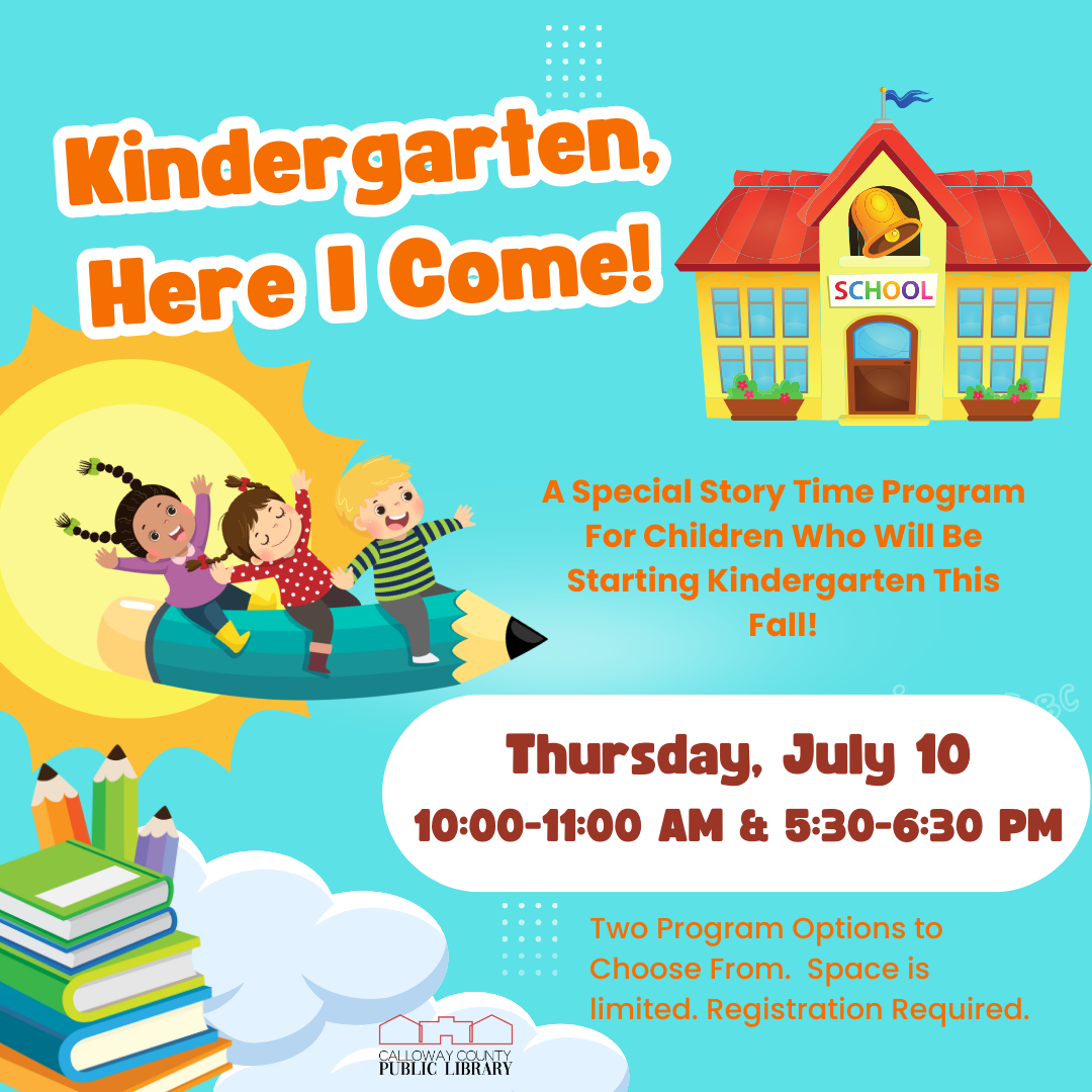 Poster with blue background, a school house, children, and books.