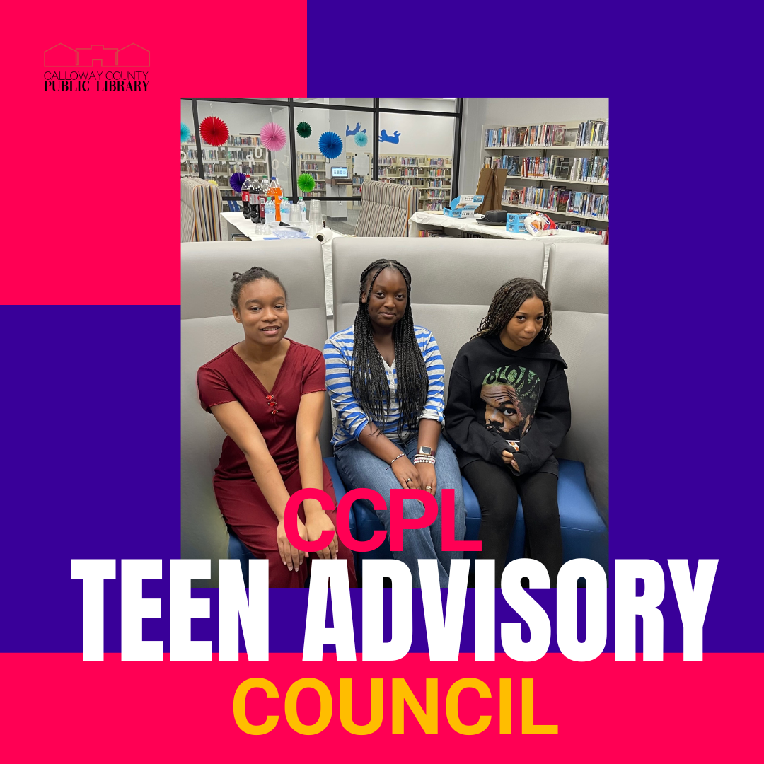 Photo of three teens.  Purple background with bright colored text.