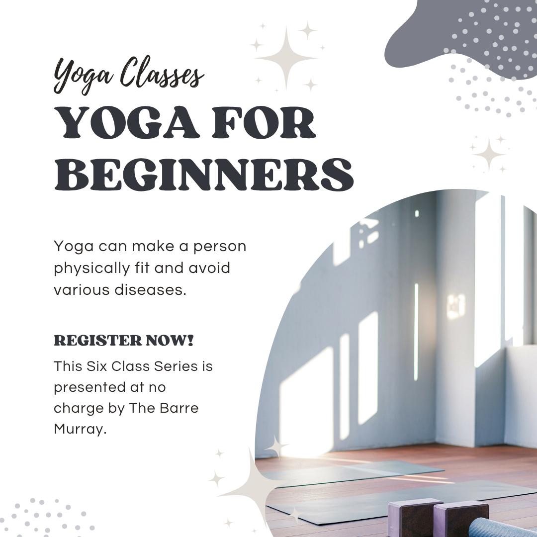 Yoga for beginners graphic. with photo of yoga mats.